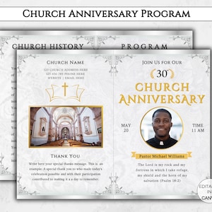 Peut inclure: Un programme d'anniversaire d'église avec un design doré et blanc. Le programme comprend le texte "Anniversaire de l'église" et "Histoire de l'église". Il présente une photo d'un intérieur d'église et un portrait du pasteur Michael Williams.
