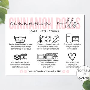 Modelo de cartão de cuidados para rolinhos de canela, instruções de cuidados para rolinhos de canela editáveis, cartões de cuidados para padaria para impressão, pedido de encarte de embalagem. TDS-05