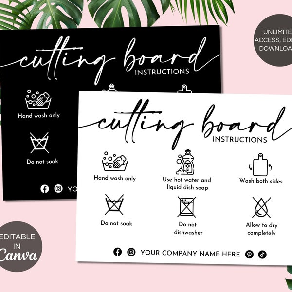 Cutting Board Care Card Template, Editable Cutting Board Care Instructions, Printable Chopping Board Care Cards Packaging Insert. TDS-05