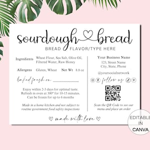 Sauerteig-Etikettenvorlage mit QR-Code, bearbeitbares Sauerteigbrotpflege-Tipps, Zutat Etikett, Cottage Law Bakery Labels, Brot Pflegekarte
