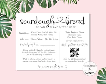 Sourdough Label Template with QR Code, Editable Sourdough Bread Care Tips Ingredient Label, Cottage Law Bakery Labels, Bread Care Card