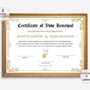 Certificado de renovación de votos, plantilla editable de certificado de renovación de votos matrimoniales en Canva, recuerdo de renovación de votos matrimoniales con vegetación imprimible. TDS-10