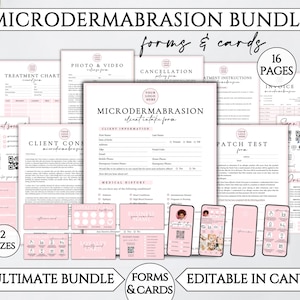 May include: A 16-page microdermabrasion bundle featuring editable client intake forms, treatment charts, consent forms, and business cards in a soft pink and white color scheme. Includes QR codes, price lists, and loyalty cards for professional use.