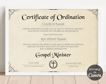 Certificate Of Ordination, Printable Ordained Minister Gospel Ministry Certificates, Editable Canva Template