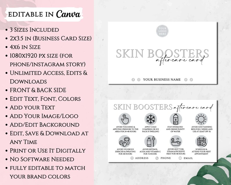 Skin Boosters Aftercare Card, Printable Beauty Salon Cards, Editable ...