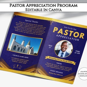 Pastor Appreciation Program Template, Editable Pastor Installation Bifold Brochure, Printable Church Bulletin Design Canva Template. TDS-10