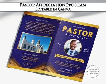 Pastor Appreciation Program Template, Editable Pastor Installation Bifold Brochure, Printable Church Bulletin Design Canva Template. TDS-10