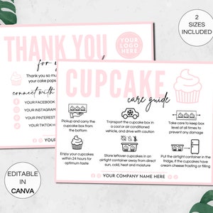 Plantilla de tarjeta para el cuidado de cupcakes, instrucciones editables para el cuidado de cupcakes, tarjetas de agradecimiento imprimibles para empresas de cupcakes, insertos para empaques de cupcakes. TDS-05