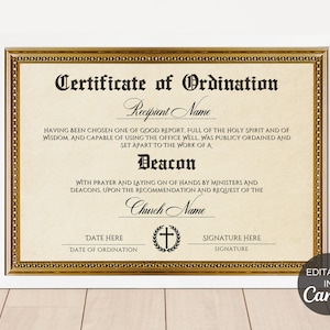 Modelo de certificado de ordenação de diácono, certificado de ordenação para impressão, certificado de ministério editável, certificado de igreja. TDS-10