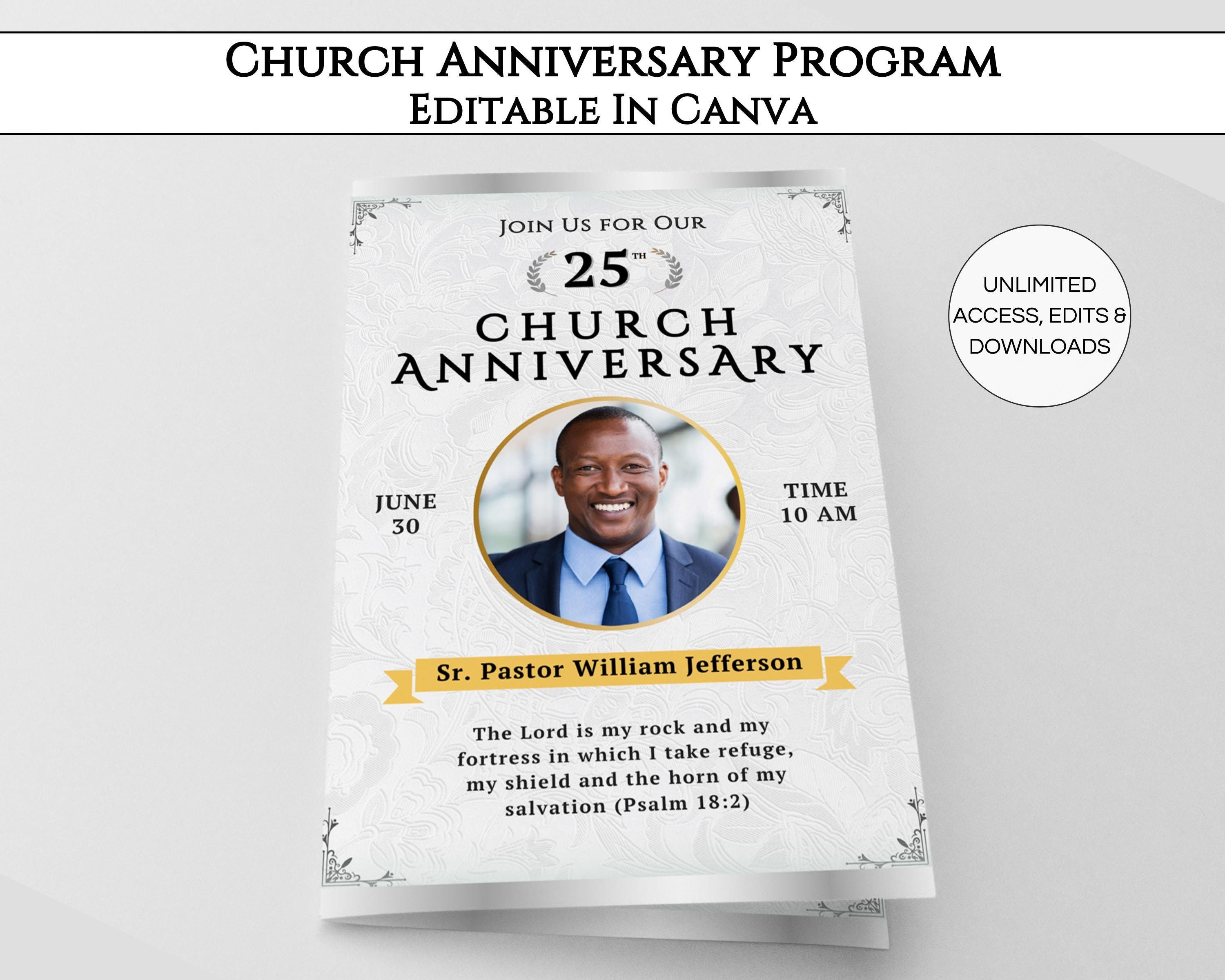 Church Anniversary Program Template, Editable DIY Church Anniversary Bifold Brochure, Printable Church Bulletin Design Canva Template.TDS-10