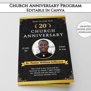 Modello di programma per l'anniversario della Chiesa, Brochure bifold modificabile per l'anniversario della Chiesa fai da te, modello Canva di progettazione bollettino della Chiesa stampabile.TDS-10