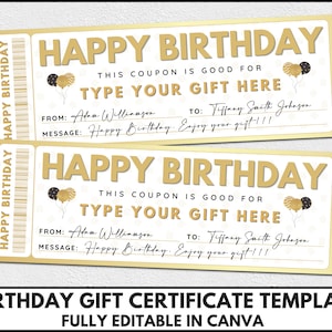 Plantilla editable de certificado de regalo de cumpleaños, cupón de regalo de cumpleaños imprimible, plantilla Canva de vale de cumpleaños, ideas de regalos de cumpleaños. TDS-13