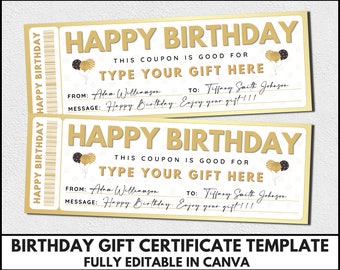 Plantilla editable de certificado de regalo de cumpleaños, cupón de regalo de cumpleaños imprimible, plantilla Canva de vale de cumpleaños, ideas de regalos de cumpleaños. TDS-13