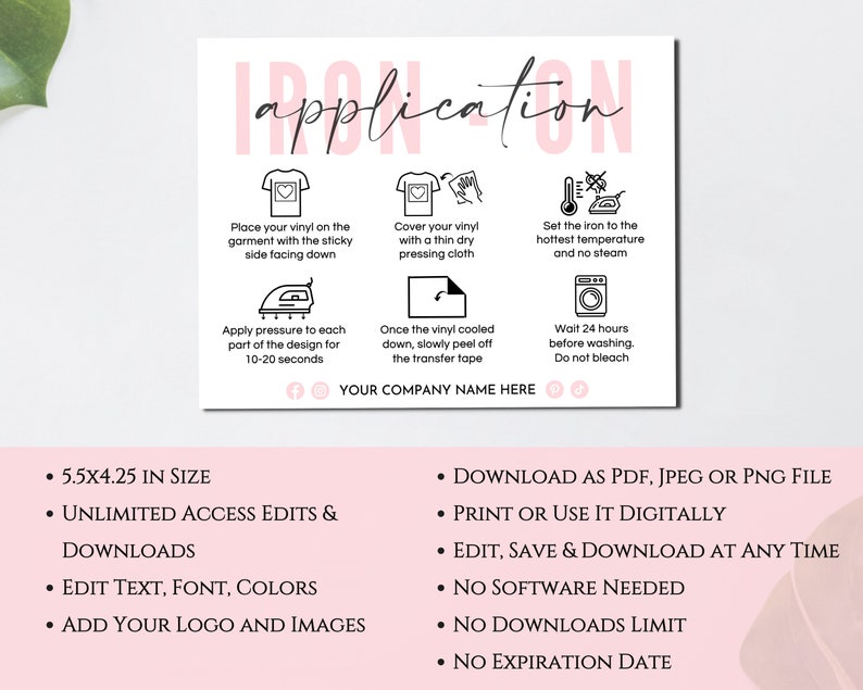 Iron-On Instructions Card, Editable Heat Transfer Vinyl Care Card, Printable HTV Application Guide, Vinyl Care Cards Canva Template. TDS-05 zdjęcie 2