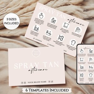 Może przedstawiać: Karty pielęgnacyjne po opalaniu natryskowym w delikatnym różowym odcieniu. Karty zawierają instrukcje i ikony dotyczące pielęgnacji po opalaniu, w tym unikanie dotykania ciała, nakładanie kremu nawilżającego i noszenie luźnych ubrań. Projekt zawiera tekst "Spray Tan Aftercare" i "Your Brand Name."