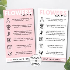 Modèle de carte d'entretien des fleurs, instructions d'entretien du bouquet modifiables, guide d'entretien des fleurs imprimable, modèle de toile de cartes d'entretien des fleurs Blooms