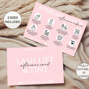Bewerkbare wimperlift- en tintnazorgkaart, afdrukbare wimperliftnazorgkaart, wimpervisitekaartje, wimperverzorgingskaart Canva-sjabloon. TDS-05