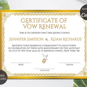 Plantilla de certificado de renovación de votos, certificado de renovación de votos editable, plantilla Canva de certificado de renovación de votos de boda imprimible. TDS-10
