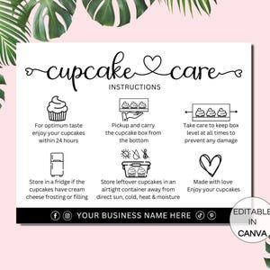 Editable Cupcake Care Card Template, Printable Cupcake Care Instructions, Cupcake Small Business Packaging Inserts Canva Template. TDS-05