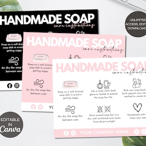 Modello di biglietto per la cura del sapone, biglietti modificabili per la cura del sapone fatto a mano, istruzioni stampabili per la cura dell'imballaggio del sapone, inserto per l'ordine del sapone. TDS-05