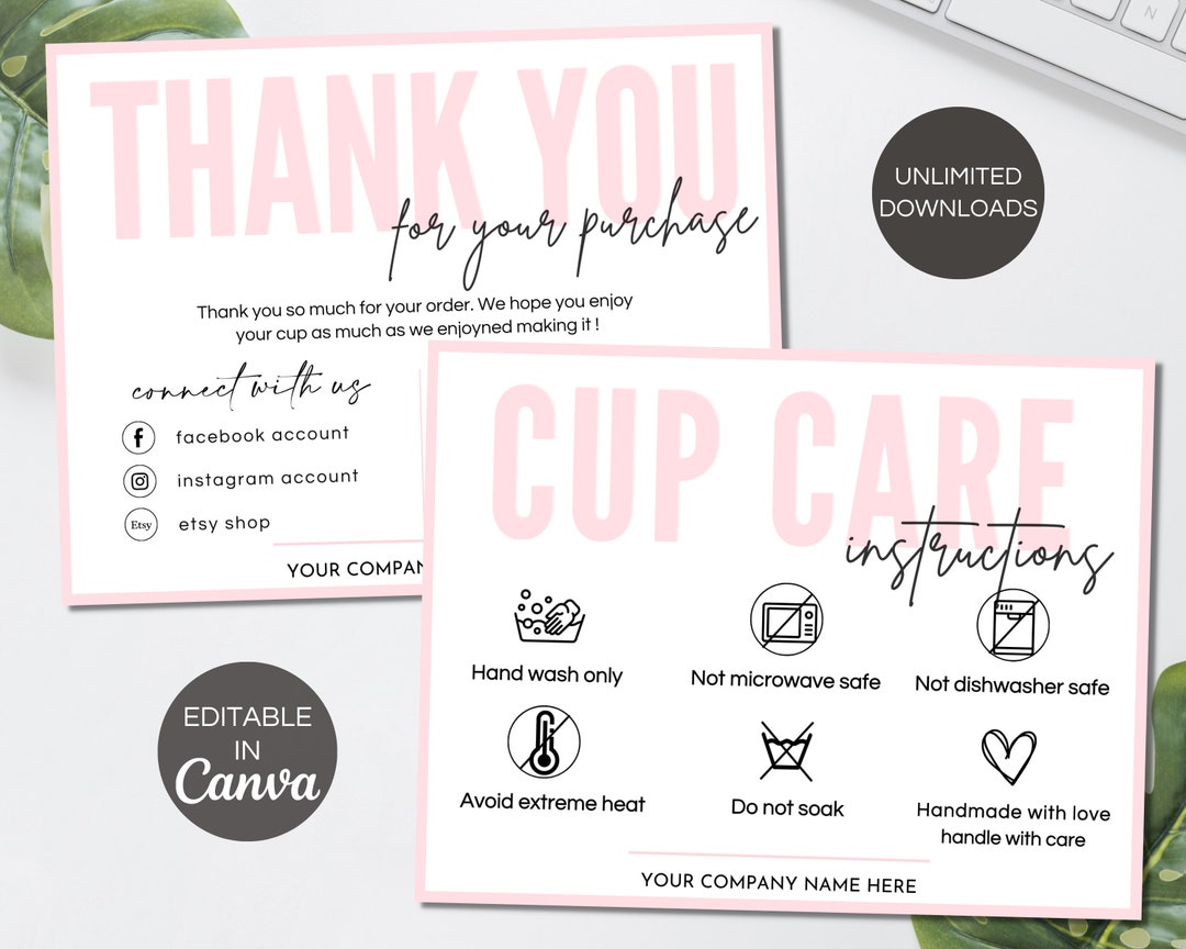 Cup Care Card Template, Printable Cup Care Cards, Editable Tumbler Care ...