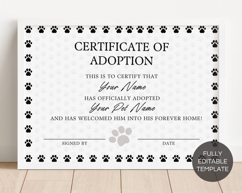 Editable Certificate Of Adoption Template, Printable Pet Adoption Party Certificate Template, Gotcha Day Certificate, Canva Template. TDS-09 image 1