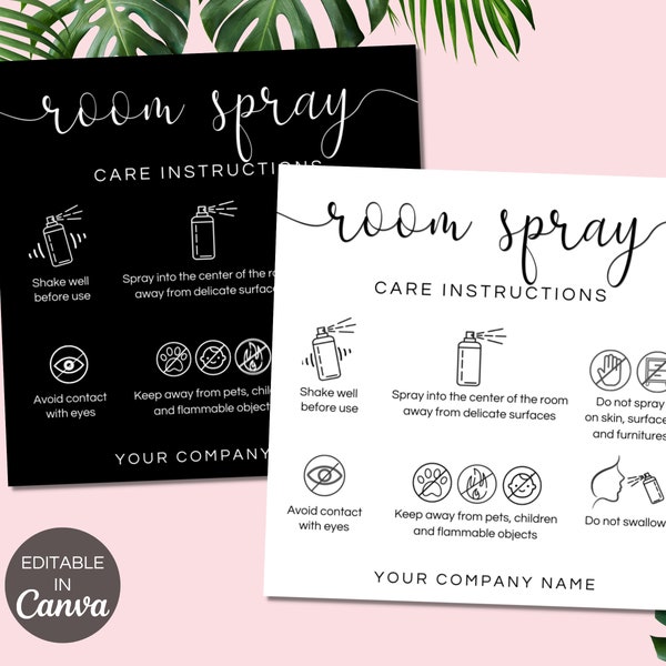 Room Spray Care Card, Printable RoomSpray Instructions Cards, Editable Canva Template