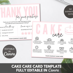 ケーキのお手入れカード テンプレート、ケーキ ビジネス サンキュー カード、ケーキ ビジネス パッケージ インサート、編集可能な Canva テンプレート、ケーキのお手入れガイド。TDS-05