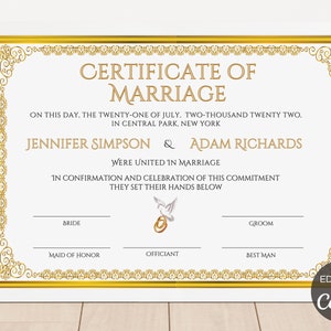 Heiratsurkunde Vorlage, benutzerdefinierte Heiratsurkunde Andenken, bearbeitbare Hochzeitsurkunde, digitale Canva Vorlage. TDS-10