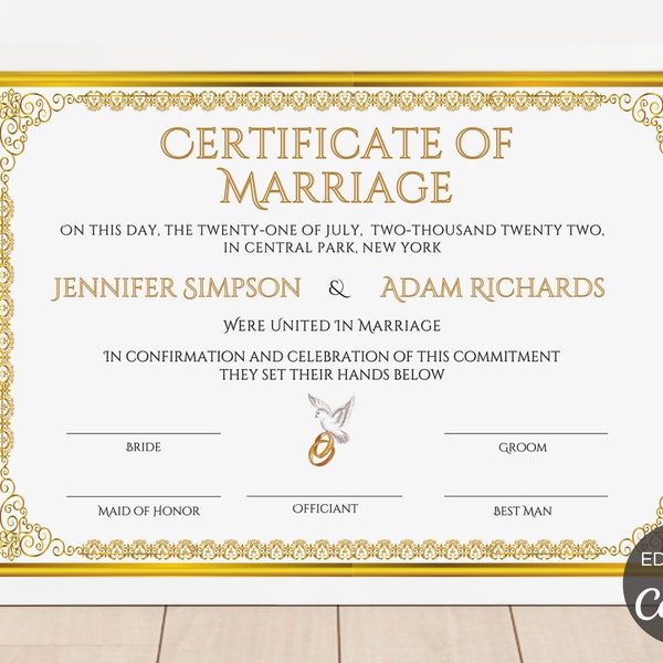 Certificate of Marriage Template, Custom Marriage Certificate Keepsake, Editable Wedding Certificate, Canva Digital Template. TDS-10