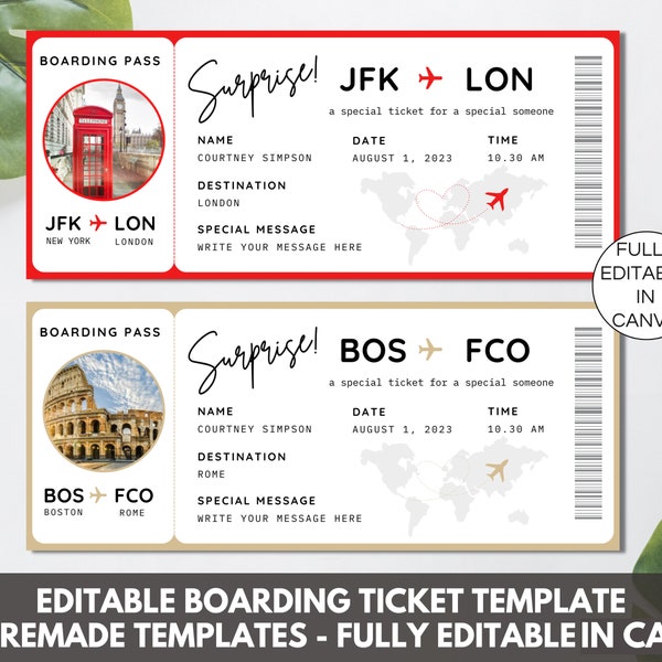 Modèle de carte d'embarquement modifiable, modèle Canva de billet d'avion, billets d'avion imprimables, modèle Canva de carte d'embarquement personnalisé. TD-13