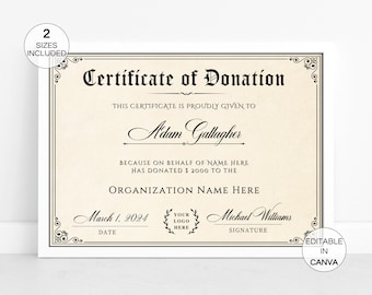 Printable Certificate of Donation, Customizable Charity & Fundraiser Appreciation Donation Certificates, Editable Canva Template