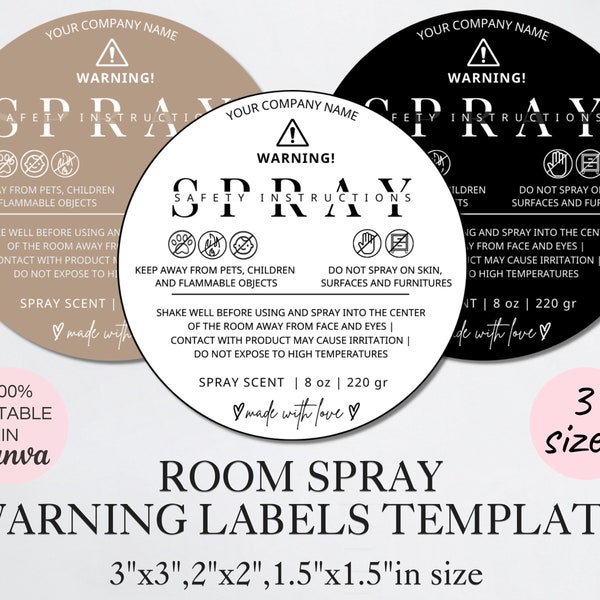 Room Spray Warning Label Template, Editable Spray Caution Label, Printable Room Spray Safety Instructions Label Canva Template. TDS-06