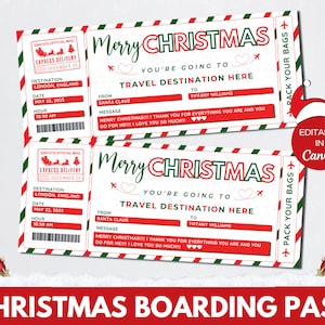 Modèle modifiable de carte d'embarquement de Noël, billet d'avion de Noël imprimable, modèle de toile de Noël de billet d'avion, voyage surprise. FT-13