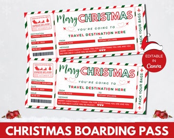 Plantilla editable de tarjeta de embarque navideña, billete de avión navideño imprimible, plantilla Canva navideña de billete de avión, viaje sorpresa. TDS-13