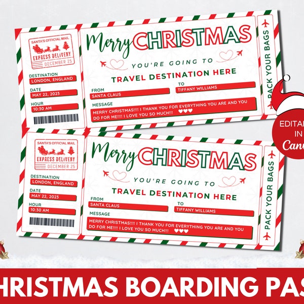 Editable Christmas Boarding Pass Template, Printable Christmas Plane Ticket, Plane Ticket Christmas Canva Template, Surprise Trip. TDS-13
