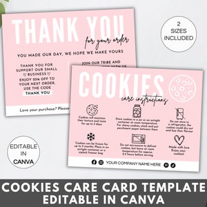 Modelo de cartão de cuidados com biscoitos Canva, instruções editáveis de cuidados com o pacote de biscoitos, modelo de cartão de cuidados com biscoitos, cartões de cuidados para impressão. TDS-05