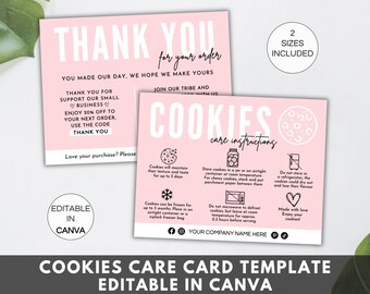Cookie Care Card Template Canva, Editable Cookie Package Care Instructions, Cookie Business Care Card Template, Printable Care Cards. TDS-05