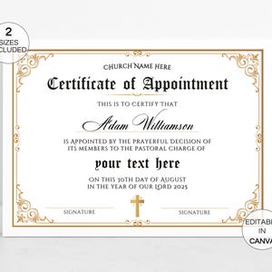 Editable Appointment Certificate, Printable Bishop Pastor Appointed Certificate, Church Certificates, DIY Religious Canva Template