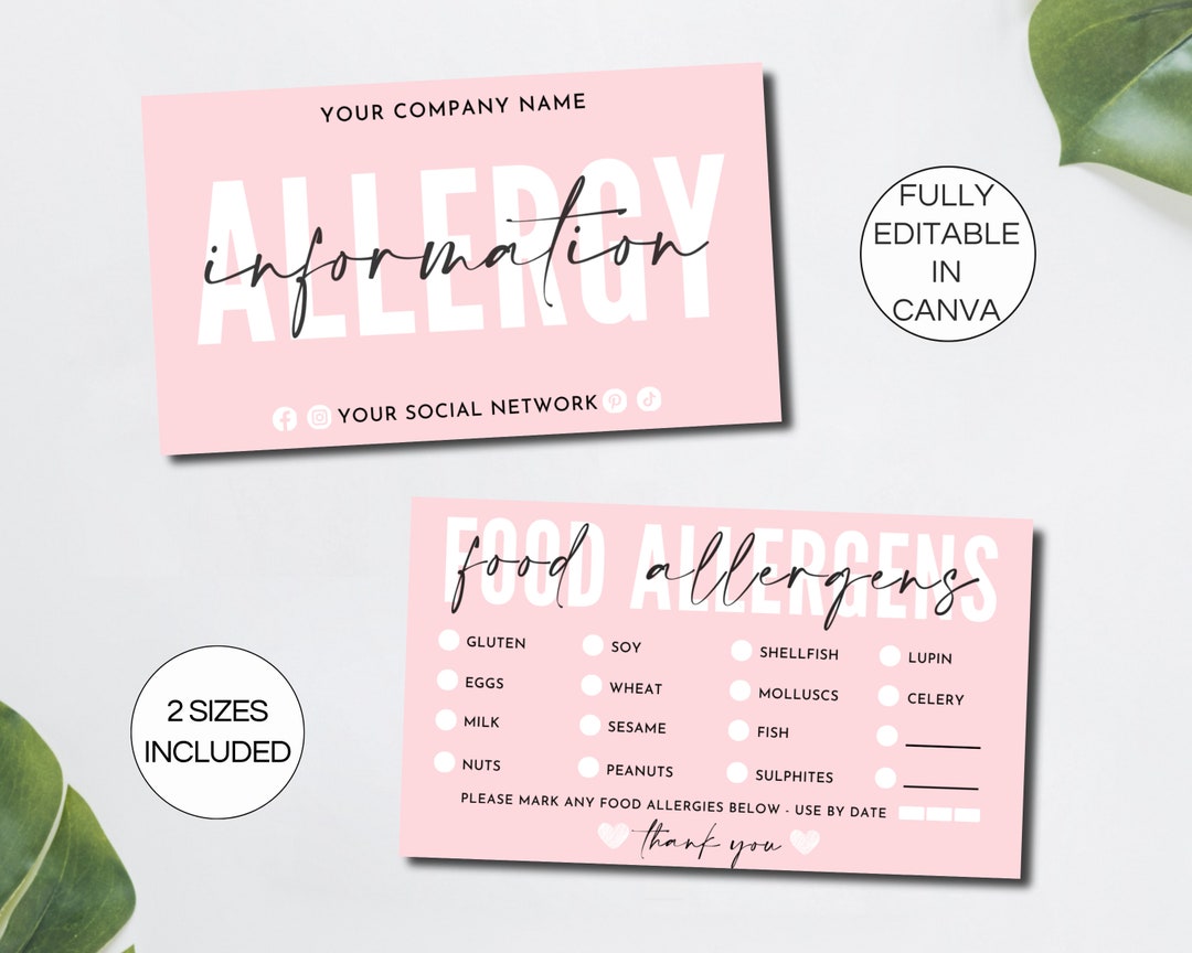 Food Allergens Card Template, Editable Allergen Checklist Card