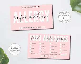 Food Allergens Card Template, Editable Allergen Checklist Card, Printable Bakery Allergy Warning, Bakery Care Cards Canva Template. TDS-05