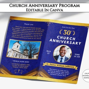 Church Anniversary Program Template, Editable DIY Church Anniversary Bifold Brochure, Printable Church Bulletin Design Canva Template.TDS-10