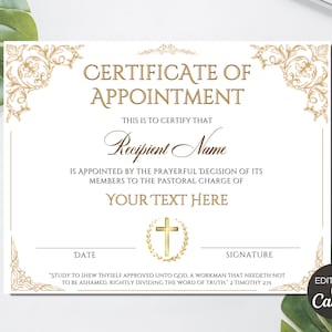 Editable Appointment Certificate, Printable Bishop Pastor Appointed Certificate, Church Certificates, DIY Religious Canva Template. TDS-10