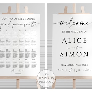 May include: Two white wedding signs on wooden easels. One sign reads "Our Favourite People, find your seat" with guest names listed alphabetically. The other sign says "Welcome to the Wedding of Alice and Simon" with the date and location.