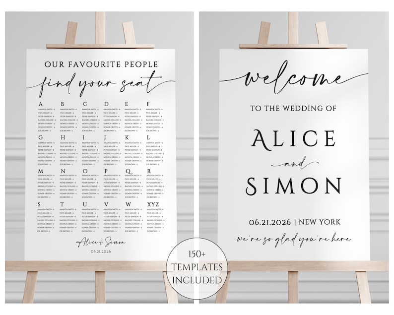May include: Two white wedding signs on wooden easels. One sign reads "Our Favourite People, find your seat" with guest names listed alphabetically. The other sign says "Welcome to the Wedding of Alice and Simon" with the date and location.