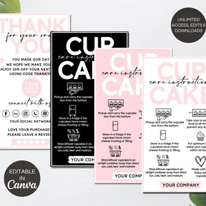 Modèle de carte modifiable pour l'entretien des cupcakes, instructions d'entretien des cupcakes imprimables, guide d'entretien des cupcakes, encart de remerciement pour les petites entreprises. FT-05