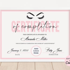 Lash Certifikat der Fertigstellung Canva Vorlage, bearbeitbares Zertifikat für Wimpernverlängerung, druckbares Zertifikat für Wimpernverlängerung. TDS-10