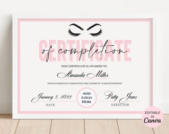 Lash Certificate Of Completion Canva Template, Editable Lash Extension Certificate, Printable Eyelash Extension Certificate. TDS-10