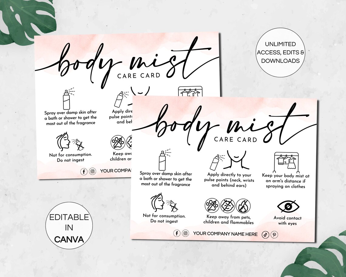 Printable Mist Card Body Mist Care Card, Printable Body Fragrance Spray Instructions Cards ...