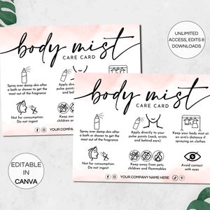 Modelo de cartão de cuidados com névoa corporal, instruções editáveis de cuidados com spray corporal, guia de cuidados com névoa de fragrância para impressão, folheto informativo da embalagem de névoa corporal. TDS-05